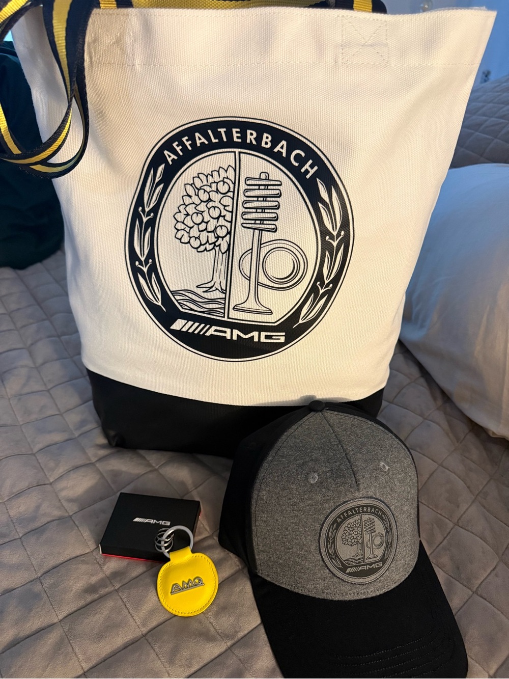 AMG Bundle White & Black Canvas Tote Bag, hat and key chain